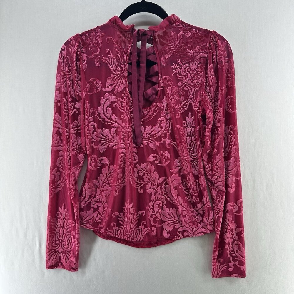 By Anthropologie Velvet Burnout Top S Lace Up Back Ruffle Mock Neck Damask Pink - Picture 3 of 16